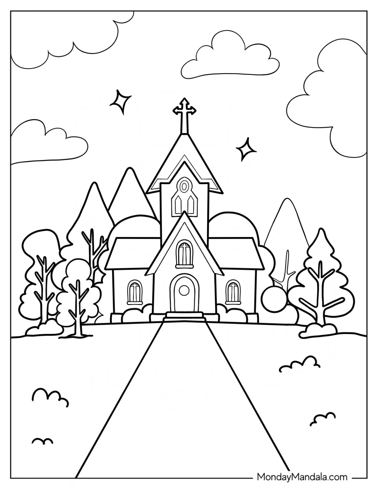 Small Church Coloring Page Surrounded By Trees For Preschoolers coloring page — printable line art