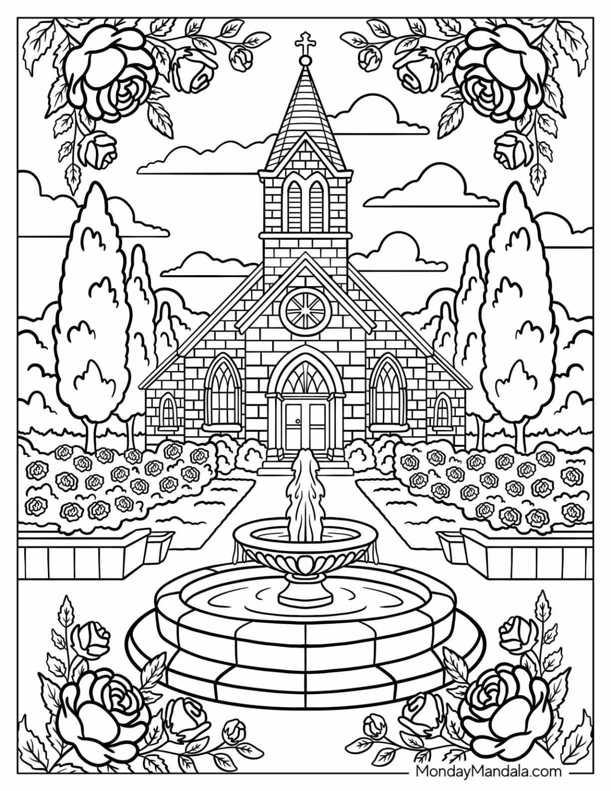 Stone Church Coloring Page with Garden Fountain and Rose Border coloring page