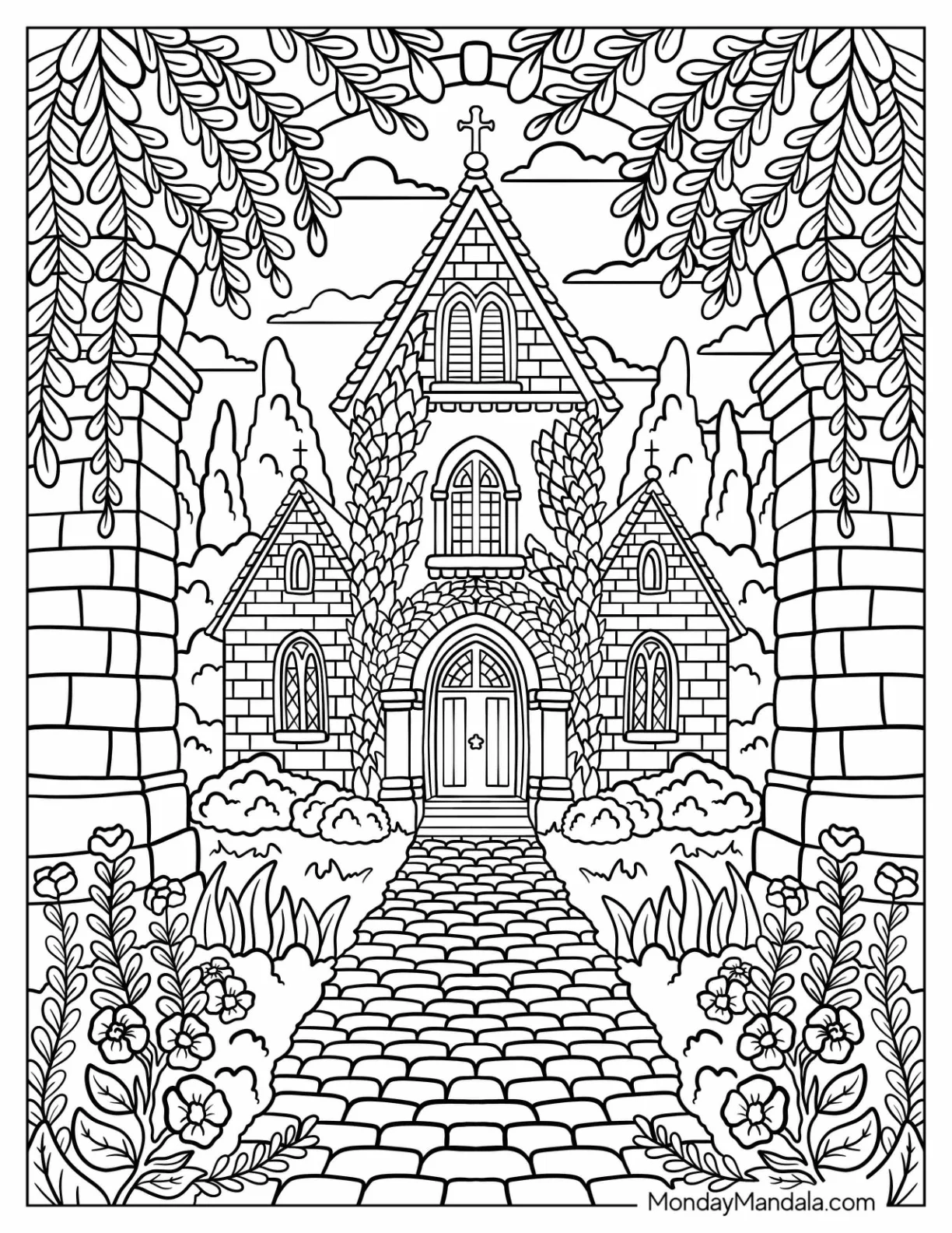 Stone Garden Church Coloring Page with Arched Entrance and Cobblestone Path coloring page