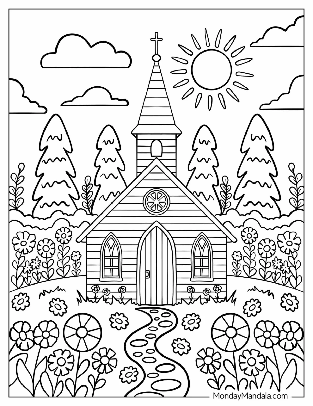 Sunny Country Church Coloring Page with Flower Garden and Steeple for Kids coloring page — printable line art
