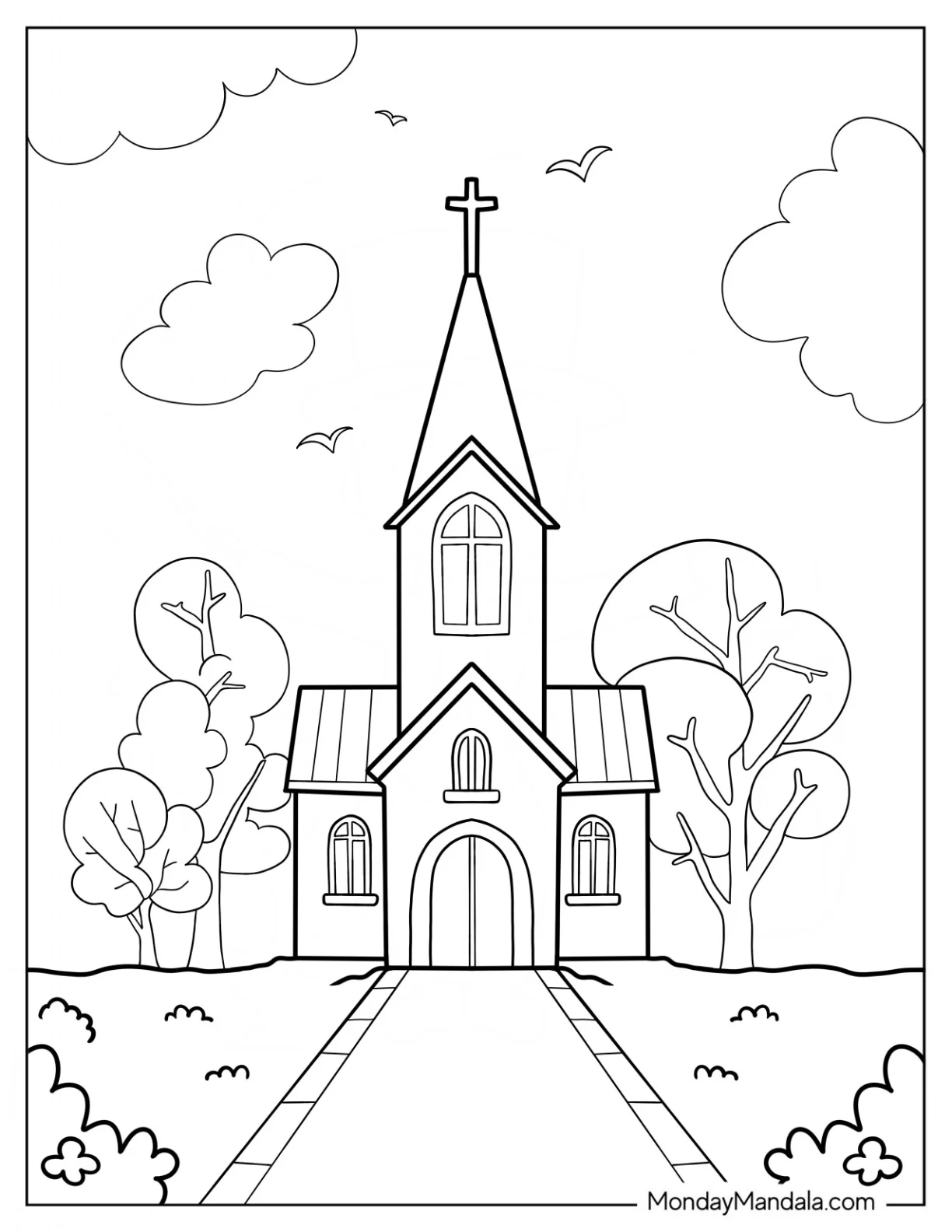 Traditional Church Coloring Page Outline With Birds And Trees coloring page