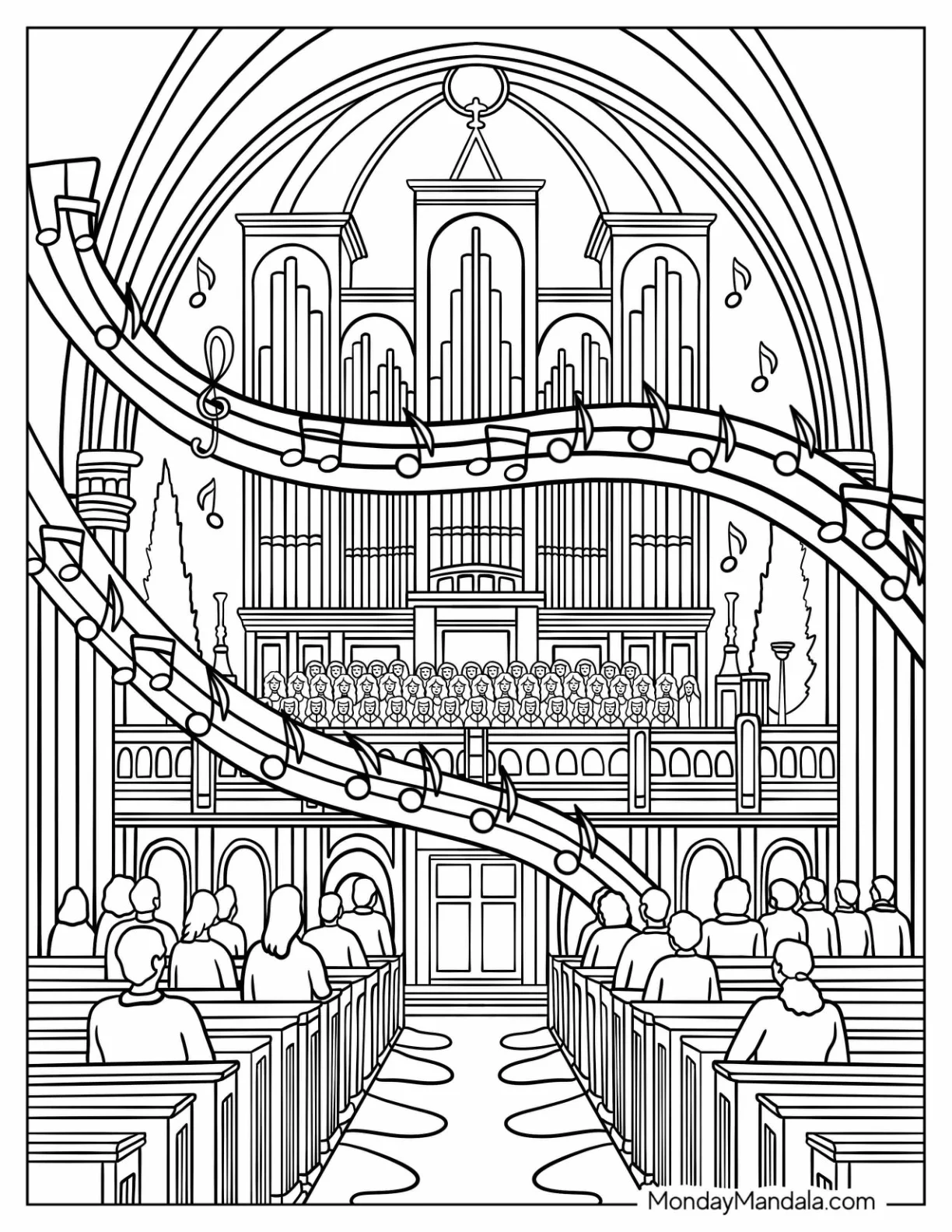 Worshippers in Church Coloring Page Sanctuary with Choir and Organ Music coloring page — printable line art