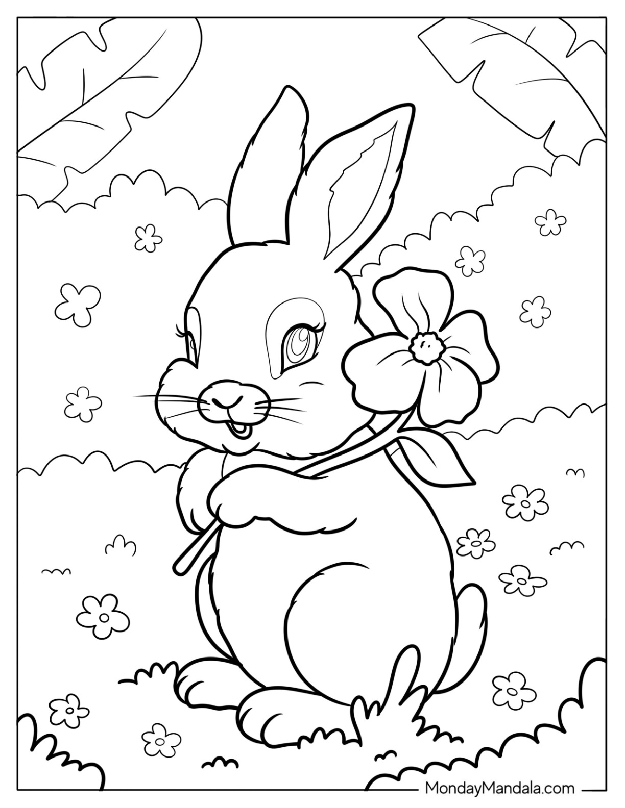Adorable Easter Coloring Page Of Bunny Holding A Flower For Kids coloring page — printable line art