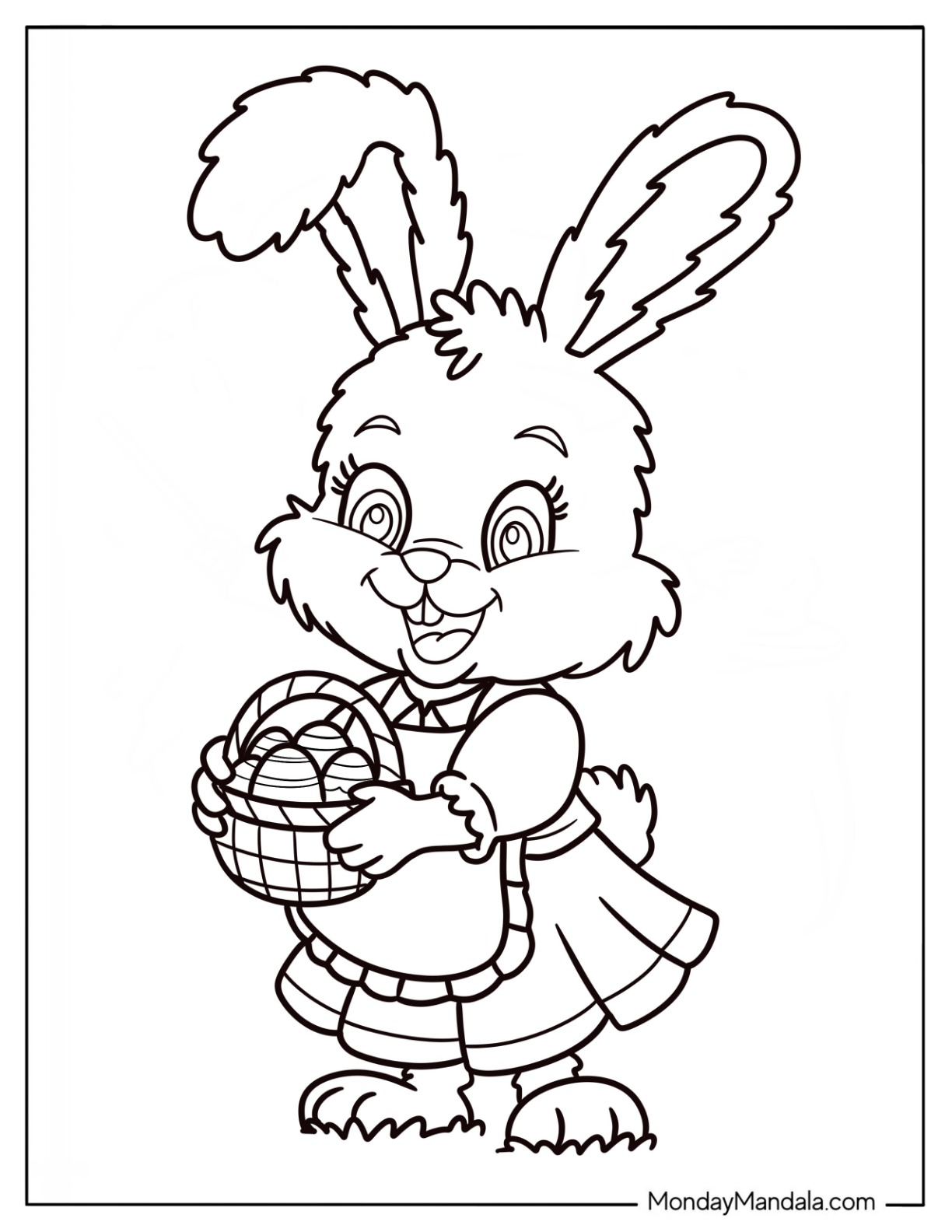 Beautiful Easter Coloring Page Of Bunny In A Dress With A Basket Full Of Eggs coloring page