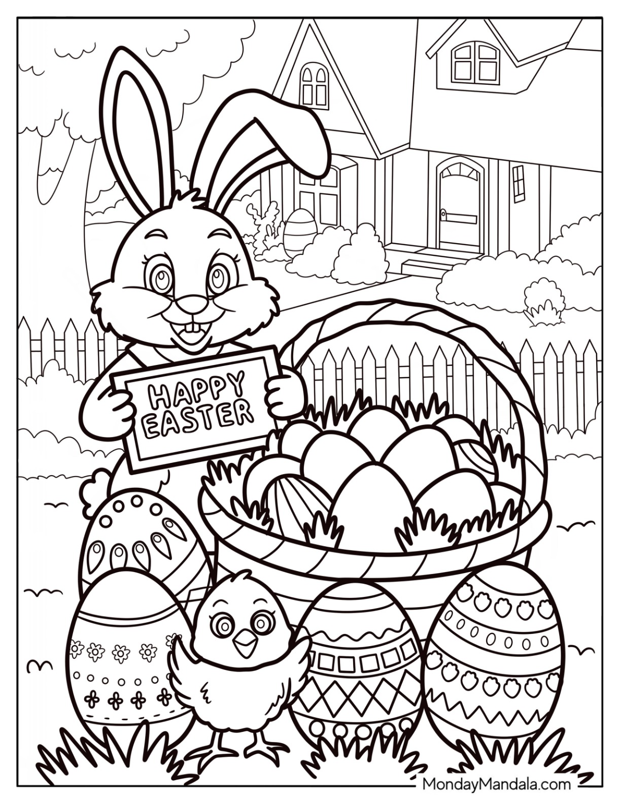 Bunny Holding Happy Easter Coloring Page Of Sign Next To Large Easter Eggs coloring page — printable line art