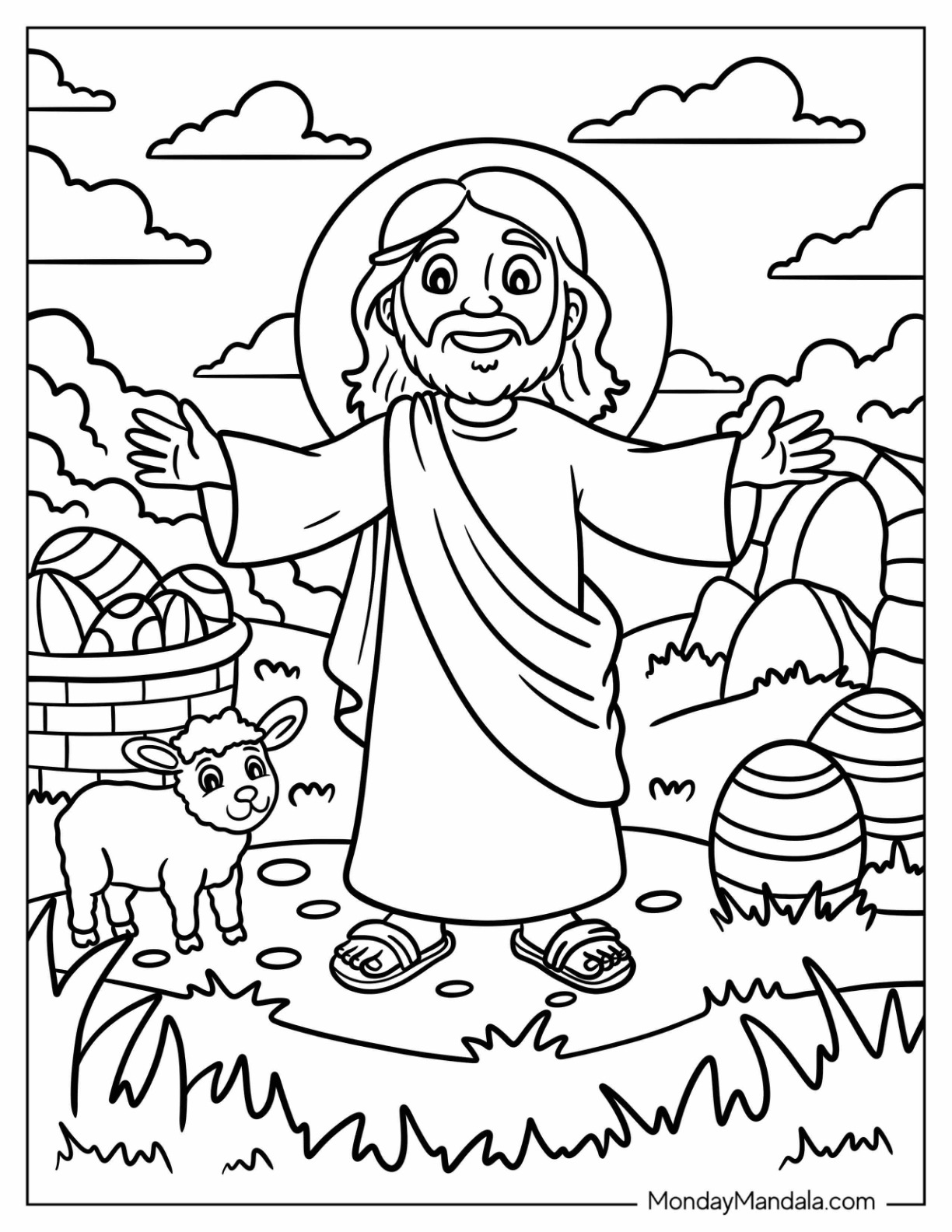 Cartoon Jesus Surrounded by a Sheep and Easter Eggs Coloring Page for Kids coloring page — printable line art