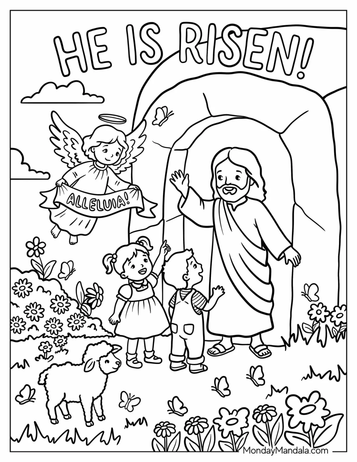 Children and Angel Greeting Risen Jesus Outside the Tomb coloring page — printable line art