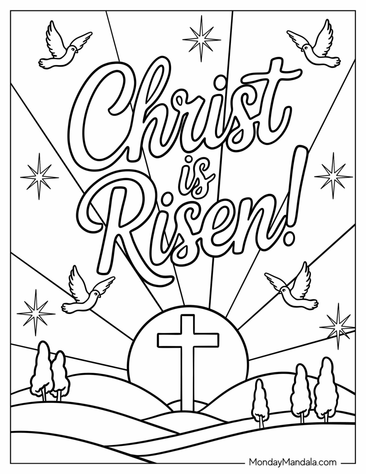 Christ is Risen with Cross and Doves on Easter Coloring Page coloring page — printable line art