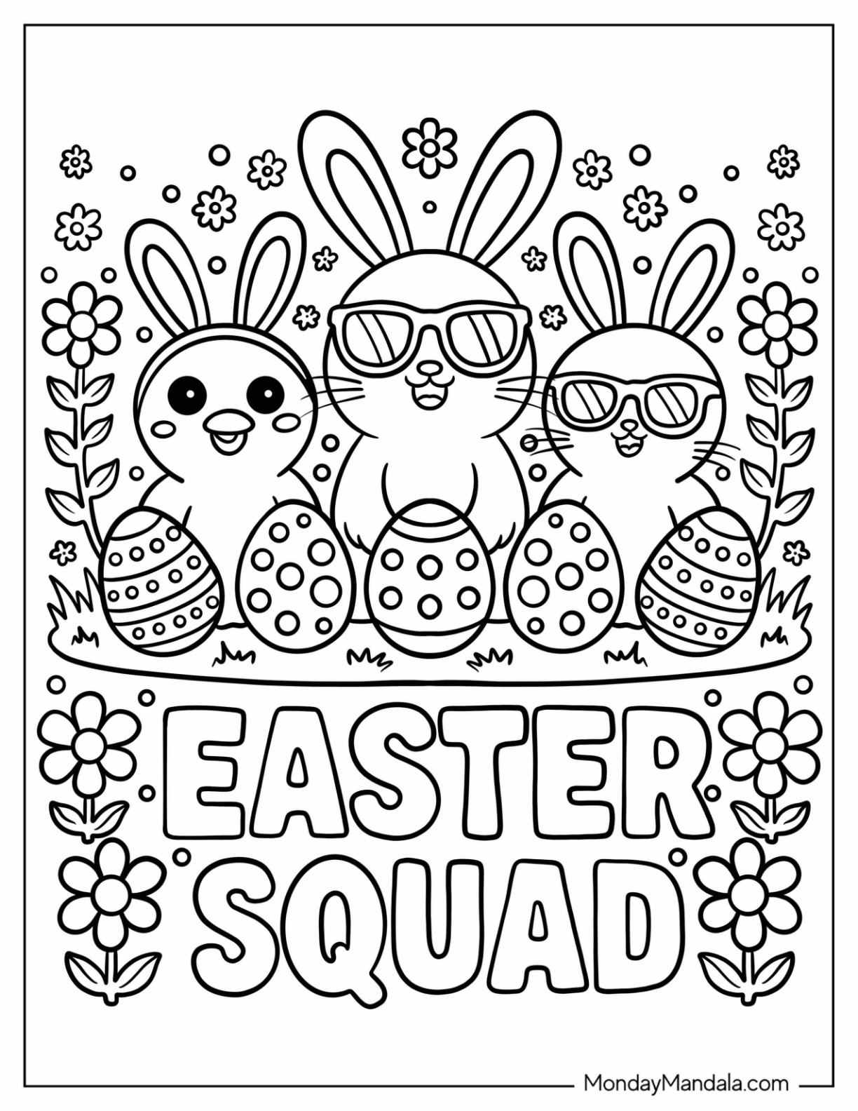 Cool Easter Coloring Page of Bunnies with Eggs and Flowers for Kids coloring page — printable line art