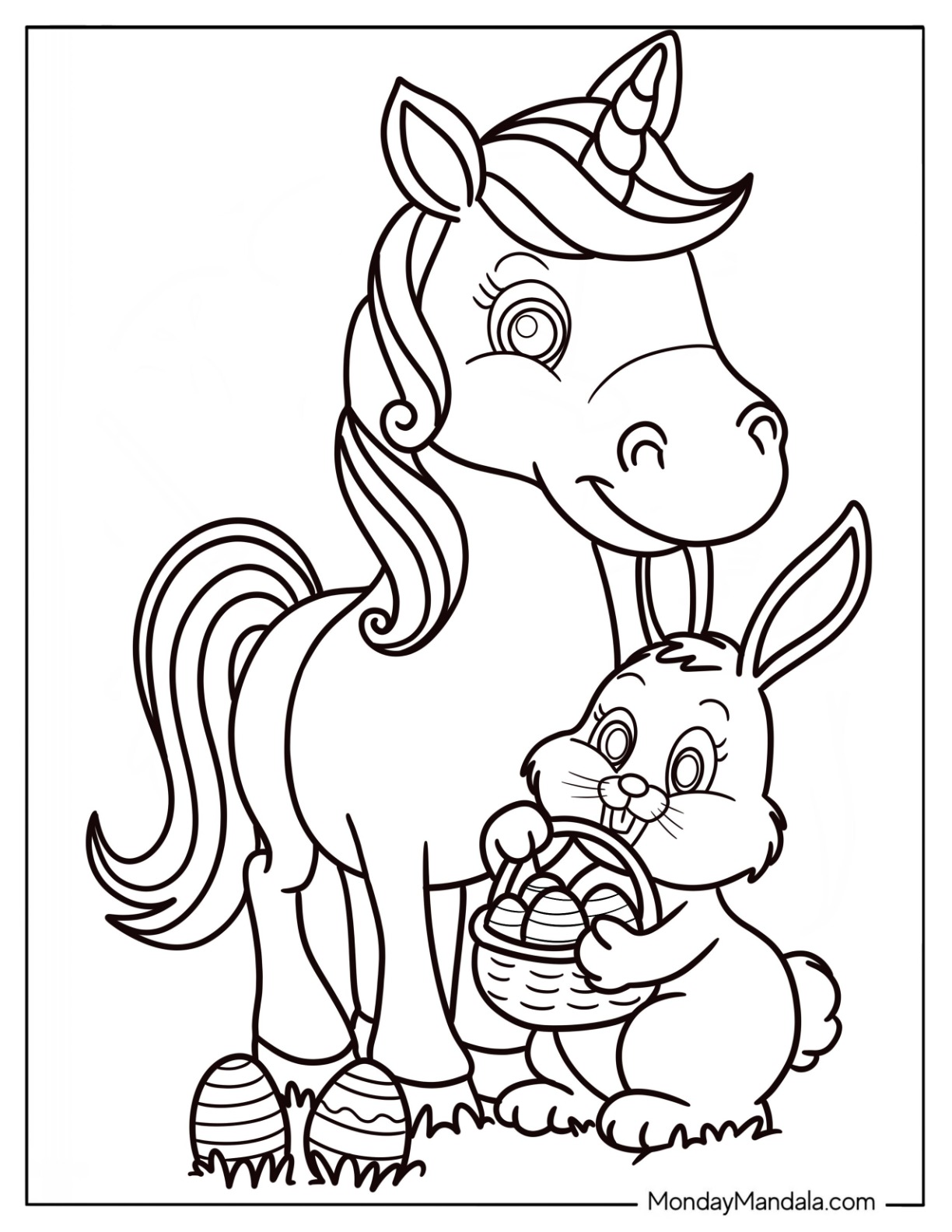 Easter Bunny With A Basket Of Easter Coloring Page Of Eggs Next To A Pony For Kids coloring page