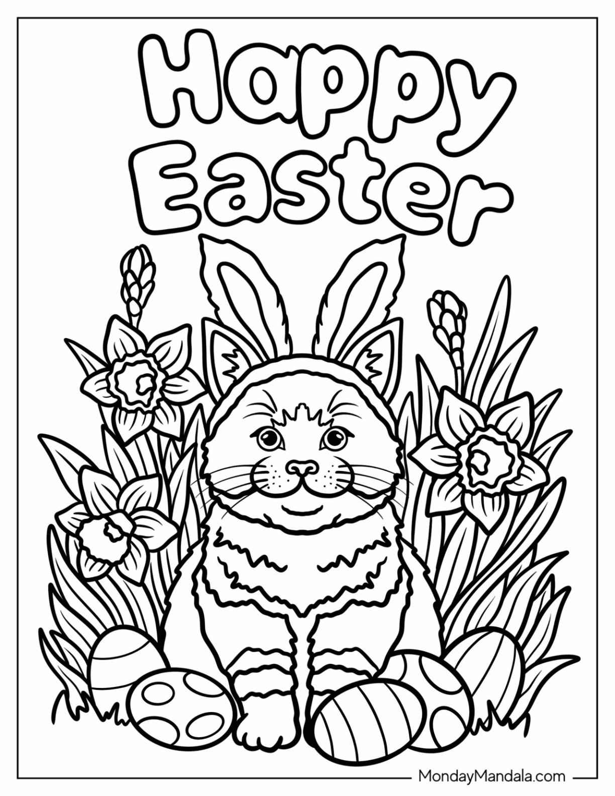 Easter Coloring Page of Adorable Cat with Bunny Ears Sitting with Easter Eggs coloring page