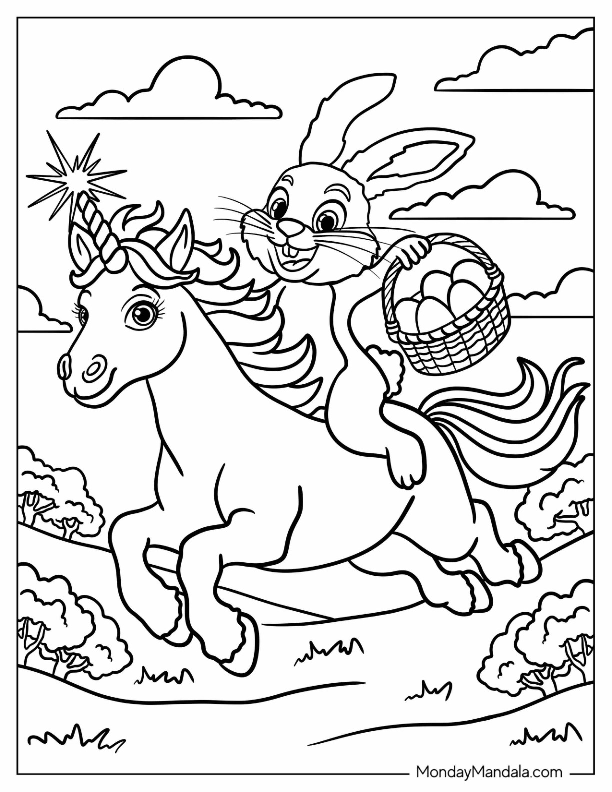 Easter Coloring Page of Adventurous Easter Bunny Riding a Magical Unicorn for Kids coloring page — printable line art