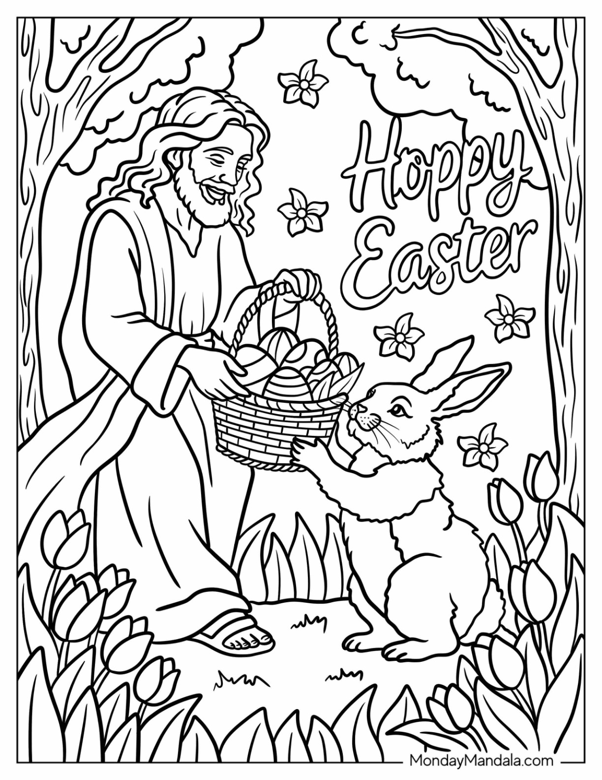 Easter Coloring Page of Bunny Handing Easter Eggs to Jesus coloring page
