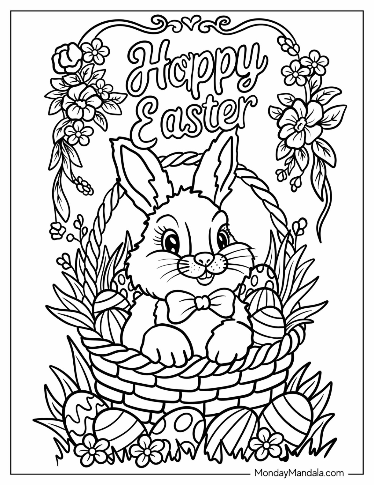 Easter Coloring Page of Bunny in a Basket Surrounded by Easter Eggs coloring page — printable line art