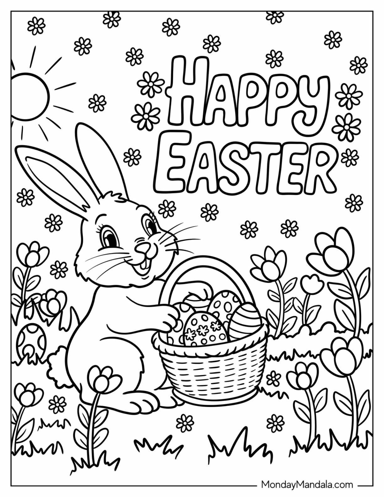 Easter Coloring Page of Bunny Putting Easter Eggs in a Basket for Kids coloring page — printable line art