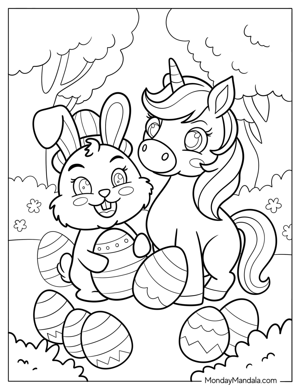 Easter Coloring Page Of Bunny With A Unicorn Surrounded By Easter Eggs coloring page — printable line art