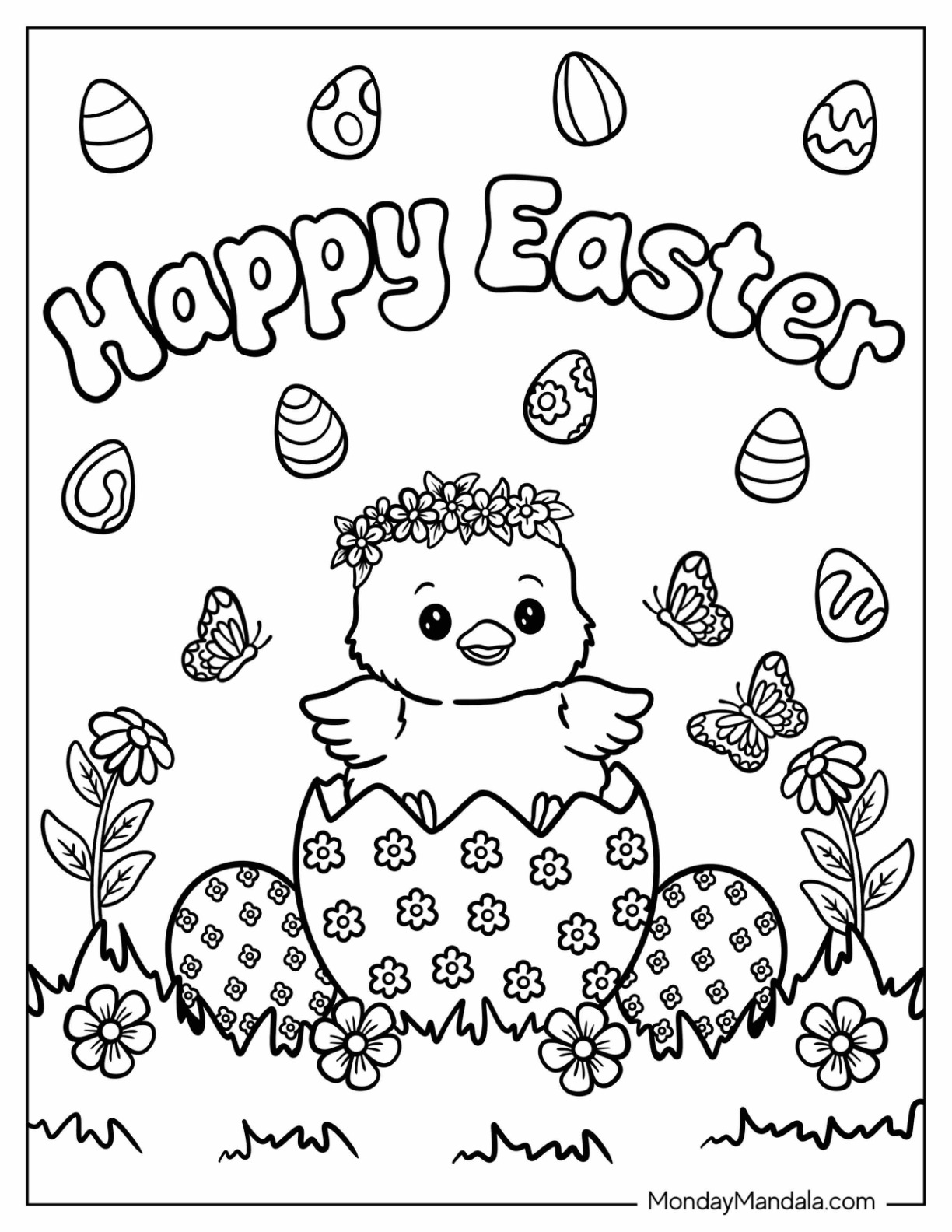 Easter Coloring Page of Chick with Flower Crown Breaking Through an Easter Egg coloring page — printable line art