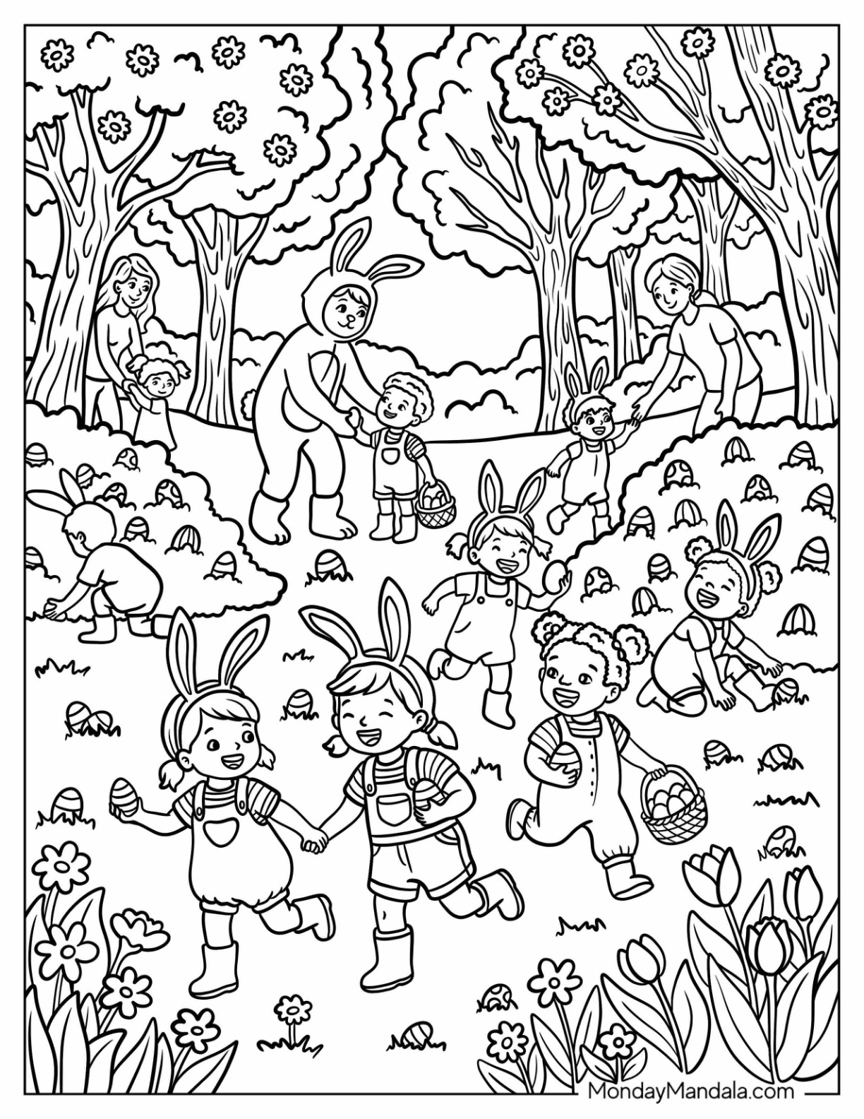 Easter Coloring Page of Children Searching the Forest for Easter Eggs coloring page — printable line art