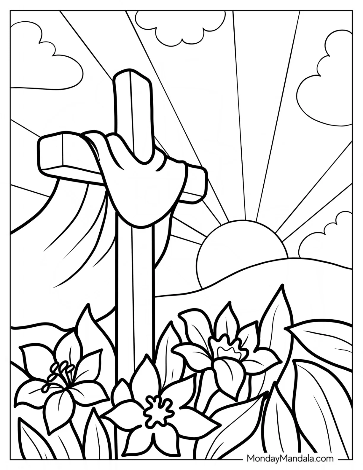 Easter Coloring Page Of Cross With Flowers And Sun On Easter For Kids coloring page