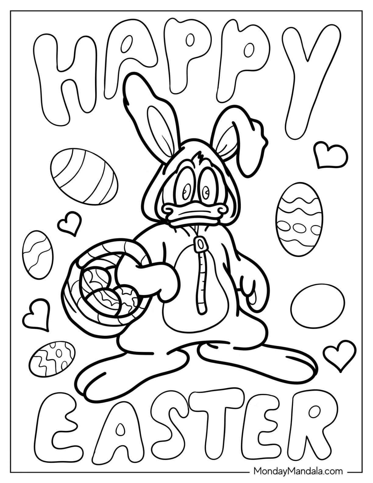 Easter Coloring Page Of Donald Duck As Easter Bunny Carrying Basket Of Eggs coloring page — printable line art