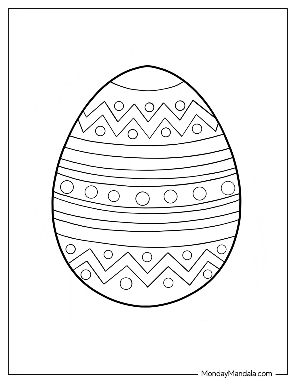 Easter Coloring Page Of Easter Egg With Chevron, Stripes, And Polka Dot Design coloring page — printable line art