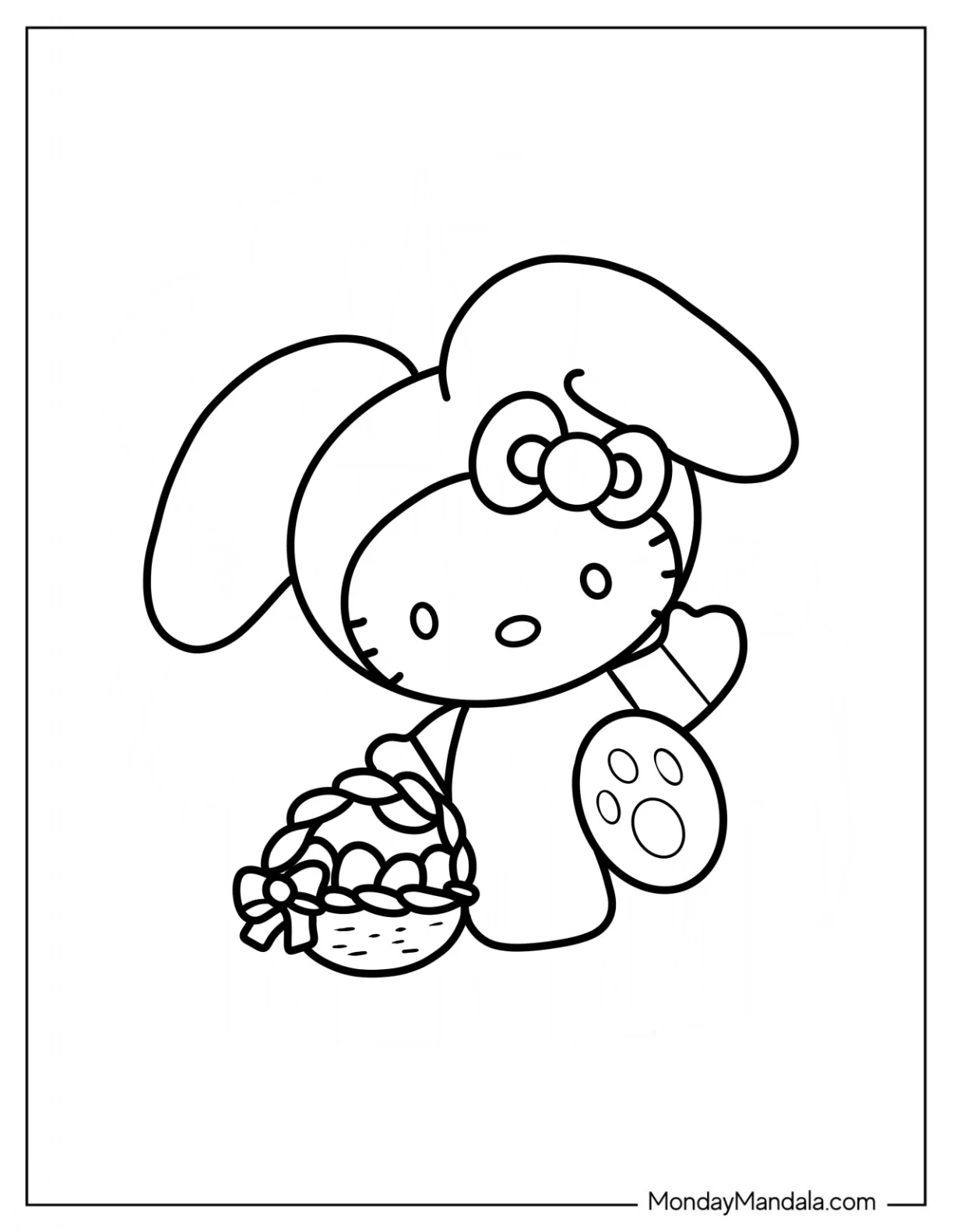 Easter Coloring Page Of Easy Hello Kitty Walking With Basket Of Easter Eggs coloring page