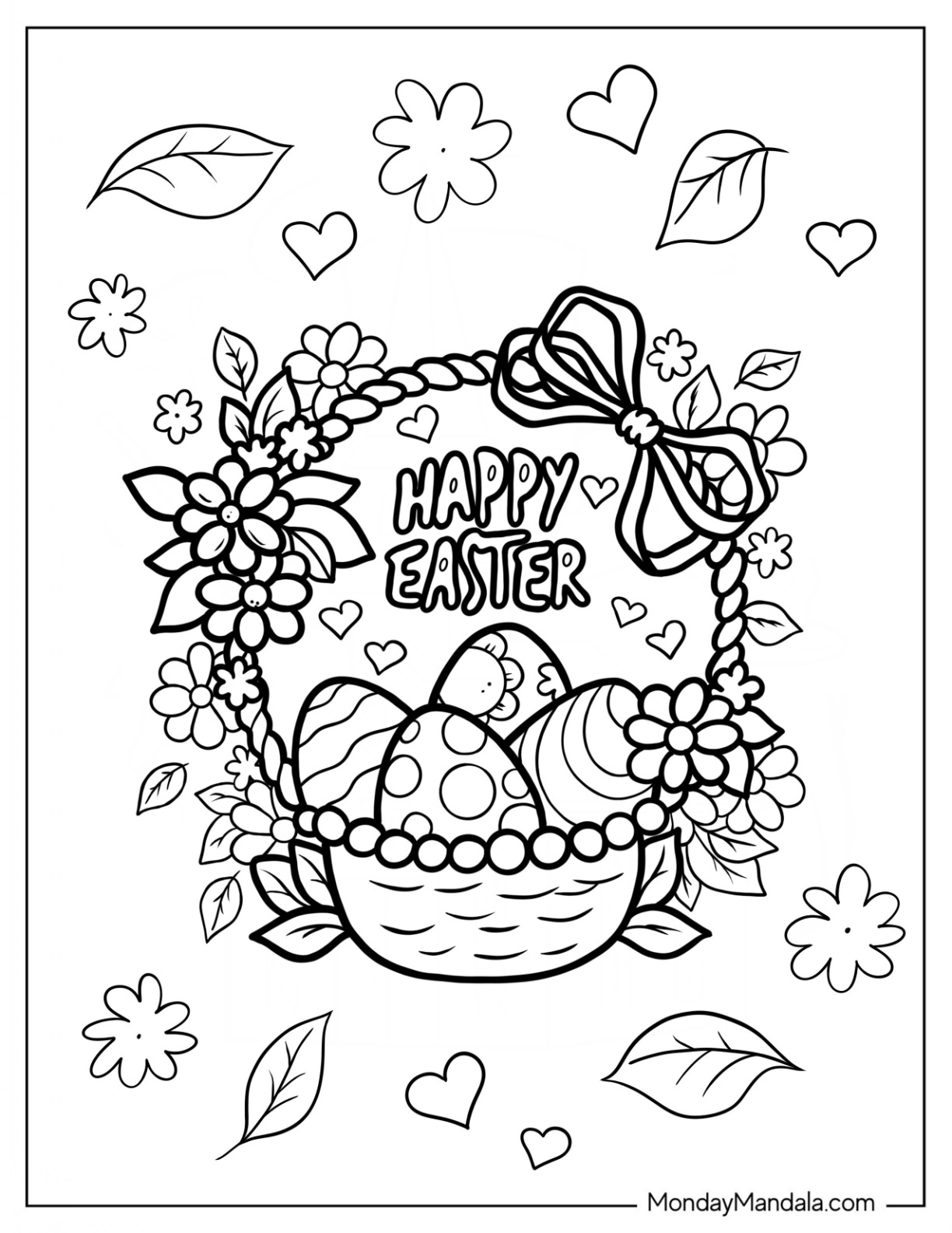 Easter Coloring Page Of Floral Happy Easter Basket With Eggs coloring page