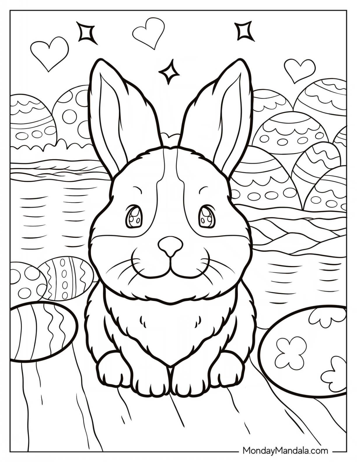 Easter Coloring Page Of Fluffy Kawaii Rabbit Surrounded By Easter Eggs coloring page — printable line art