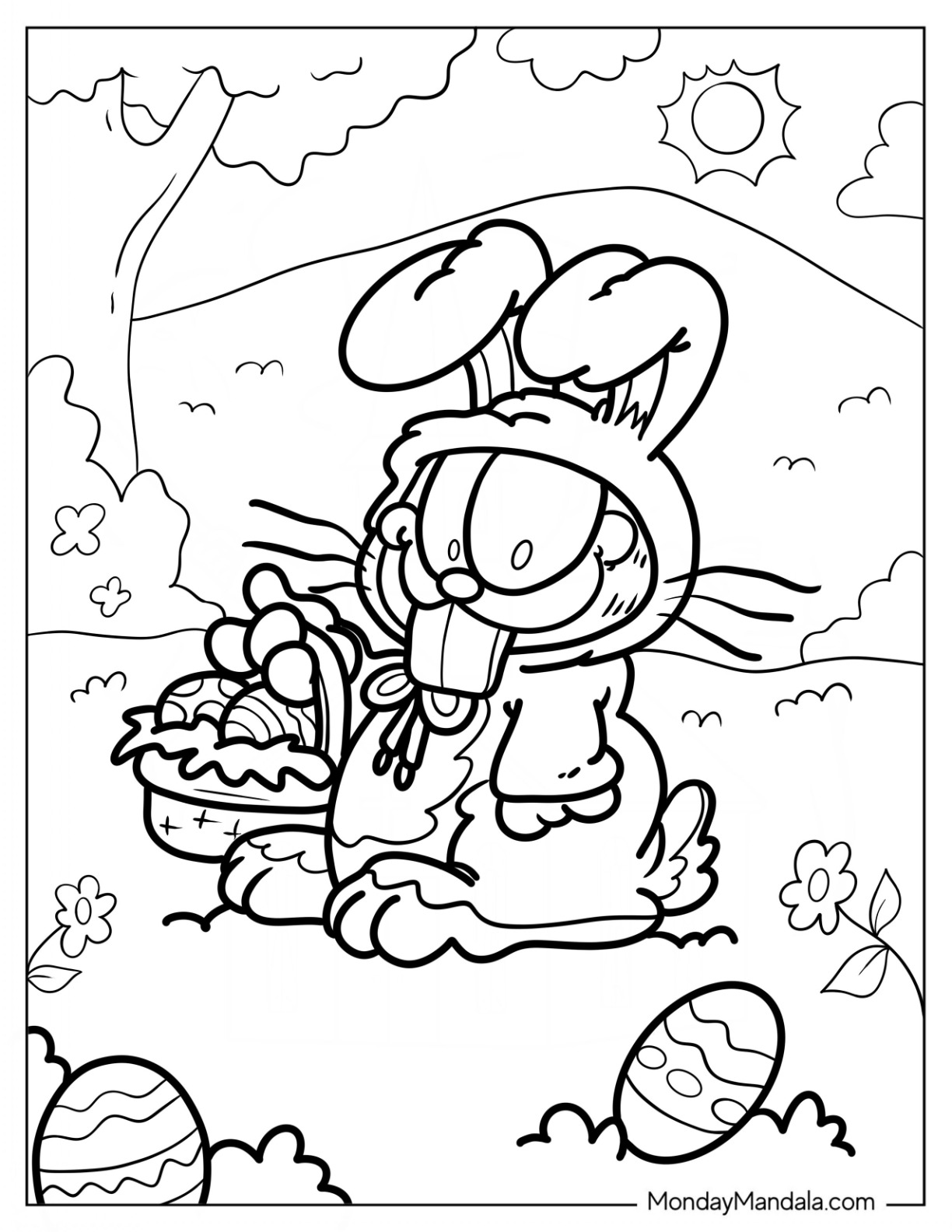 Easter Coloring Page Of Garfield Dressed As Easter Bunny With Basket Of Easter Eggs For Kids coloring page — printable line art