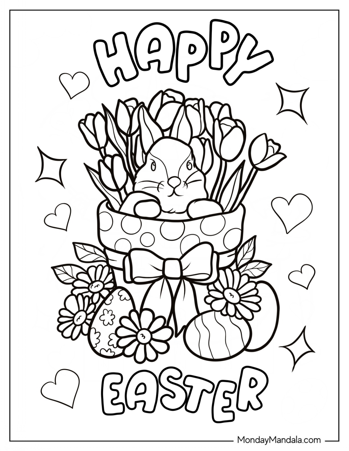 Easter Coloring Page Of Happy Easter With Bunny In A Flower Pot coloring page