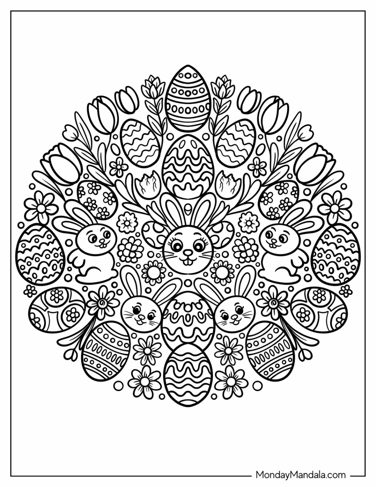 Easter Coloring Page of Mandala with Bunnies, Eggs, and Flowers coloring page — printable line art