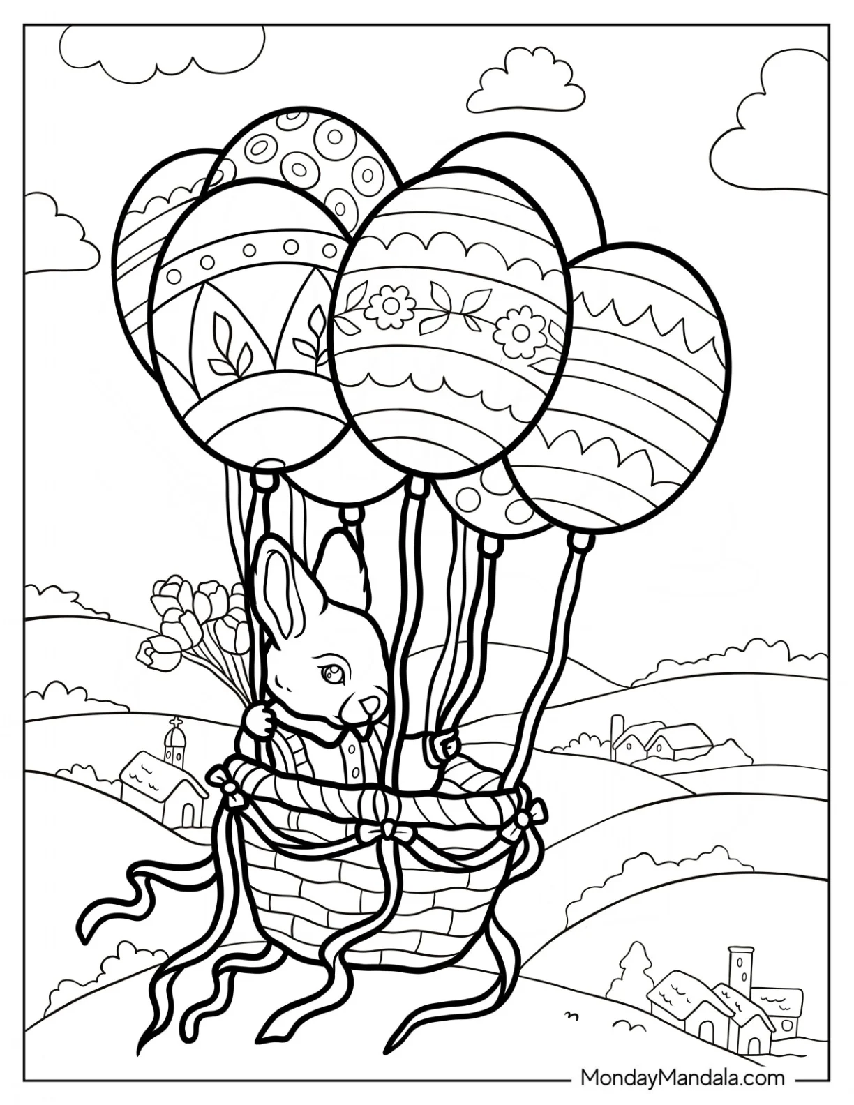 Easter Coloring Page Of Rabbit Flying In An Easter Egg Hot Air Balloon coloring page — printable line art