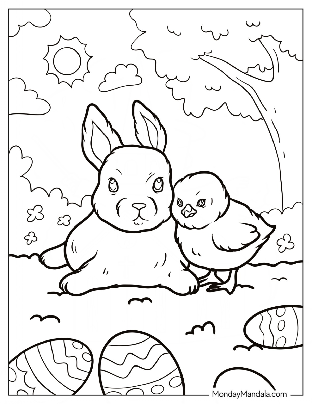 Easter Coloring Page Of Realistic Bunny And Chick On The Grass With Easter Eggs coloring page — printable line art
