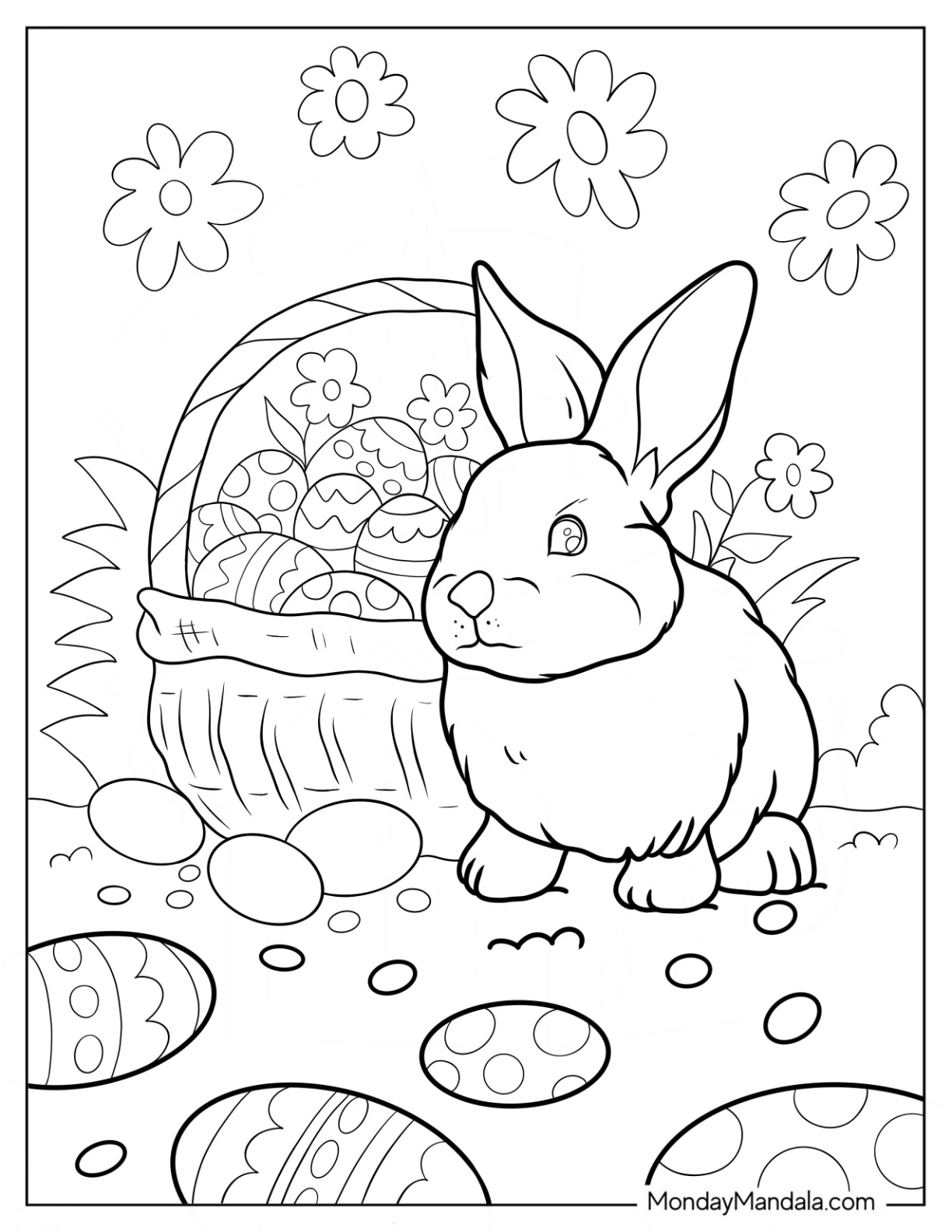 Easter Coloring Page Of Realistic Bunny Next To Basket Of Easter Eggs coloring page — printable line art