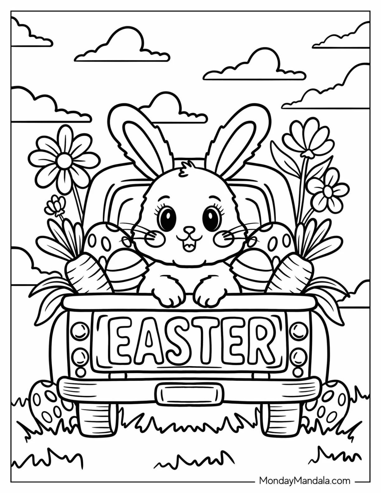 Easter Coloring Page of Smiling Easter Bunny in the Back of a Truck with Carrots and Flowers coloring page