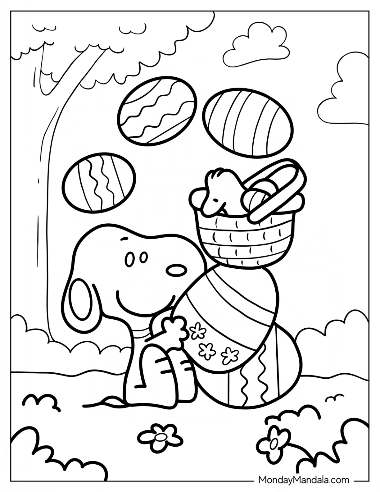 Easter Coloring Page Of Snoopy Balancing Easter Eggs With Woodstock On Top coloring page