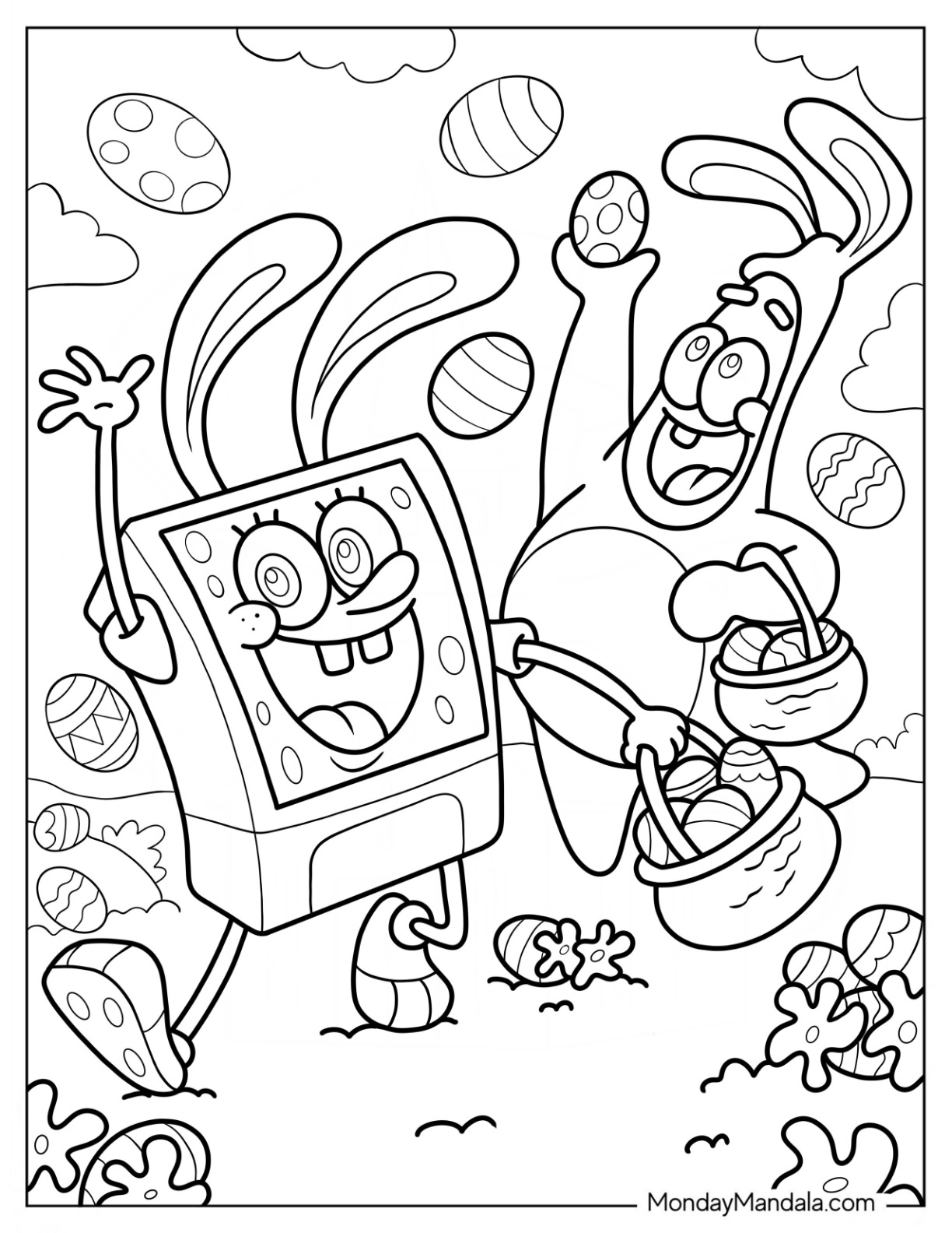 Easter Coloring Page Of SpongeBob And Patrick Star Throwing Easter Eggs coloring page