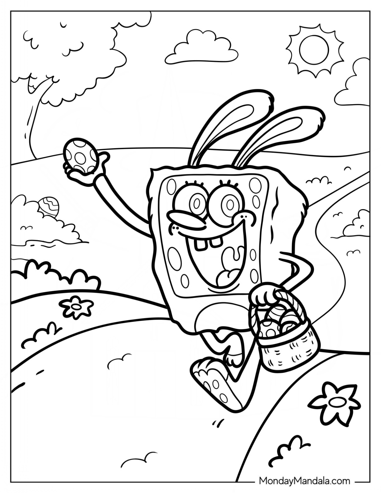 Easter Coloring Page Of SpongeBob In Bunny Costume Running With Easter Eggs coloring page