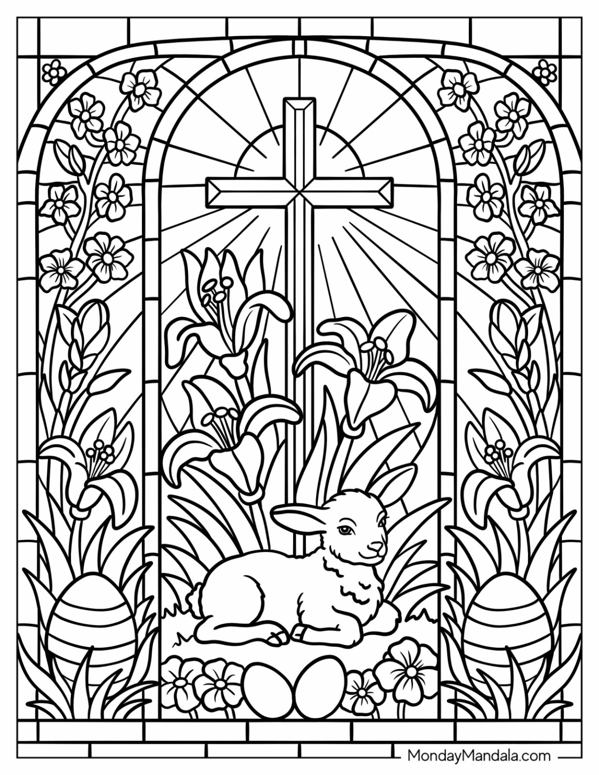 Easter Coloring Page of Stained Glass with Cross, Flowers, Baby Lamb, and Eggs coloring page — printable line art