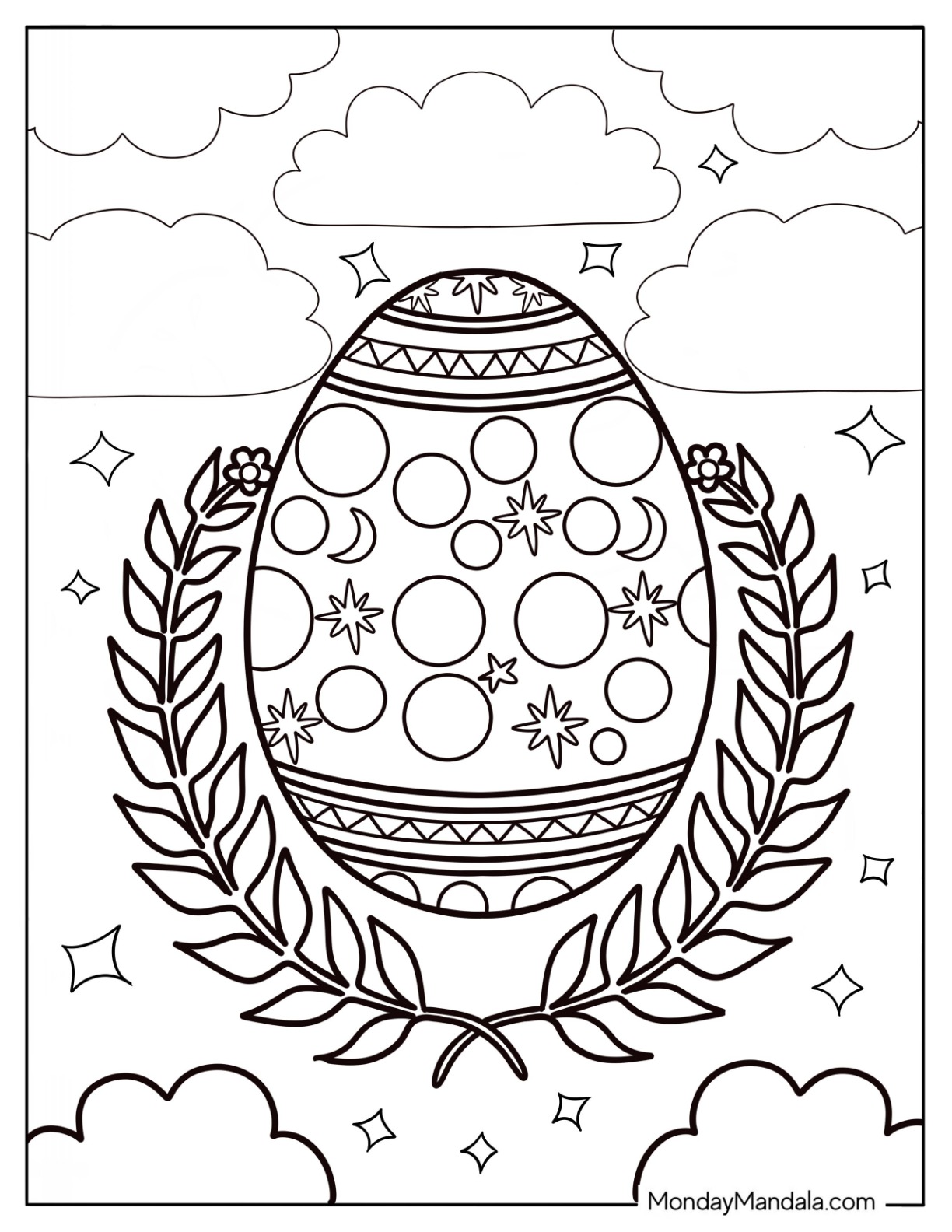 Ethereal Easter Coloring Page Of Egg With Laurel Wreath coloring page — printable line art