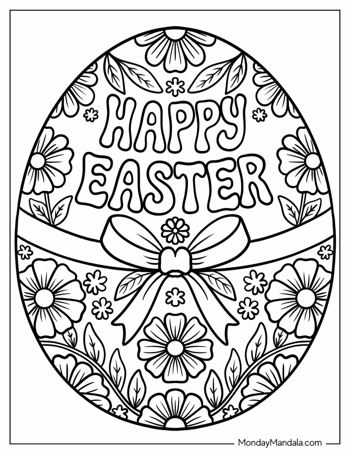 Floral Easter Coloring Page of Egg with a Bow coloring page