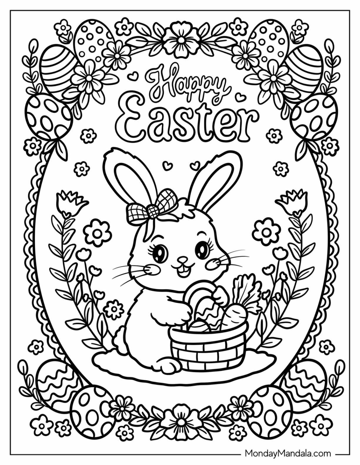 Furry Easter Coloring Page of Bunny with a Basket of Easter Eggs Framed by Laces coloring page — printable line art
