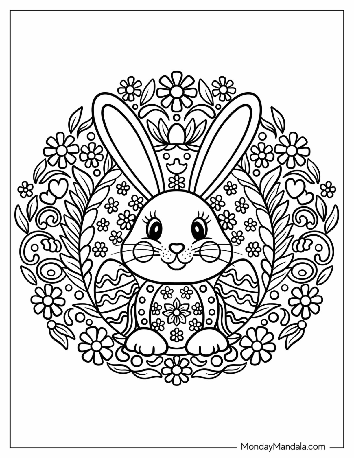 Happy Easter Coloring Page of Bunny in an Easter Egg Mandala coloring page — printable line art
