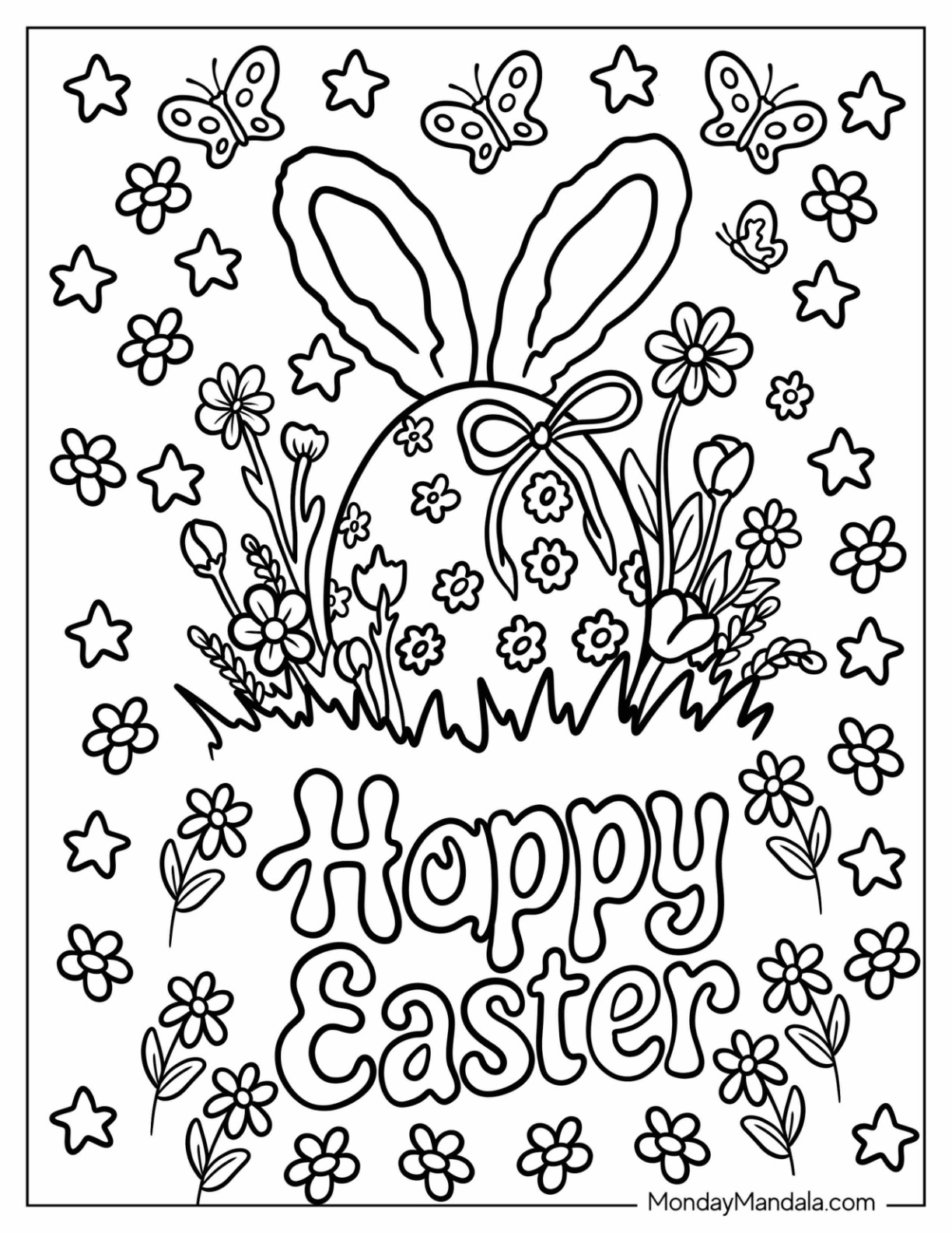 Happy Easter Coloring Page Text with Flowery Easter Egg coloring page