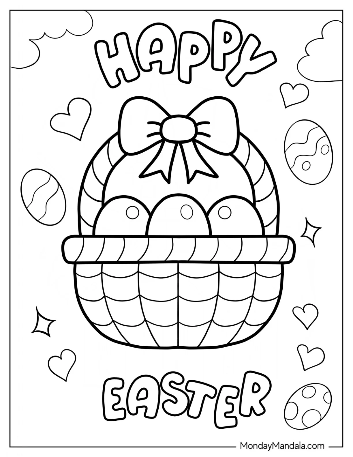 Happy Easter Coloring Page With Eggs In A Basket For Preschoolers coloring page