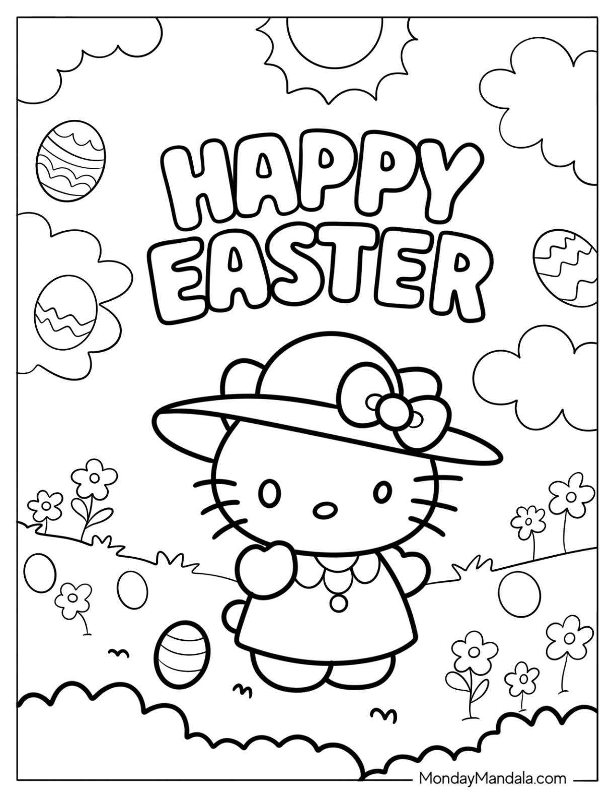 Happy Easter Word Over Hello Kitty And Easter Coloring Page Of Egg For Preschoolers coloring page — printable line art