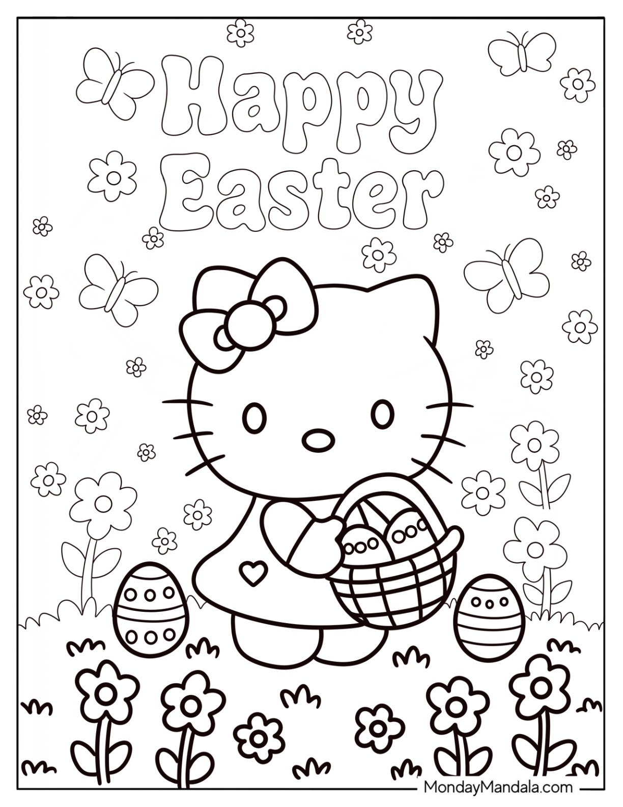 Hello Kitty Collecting Eggs Easter Coloring Page For Kids coloring page — printable line art