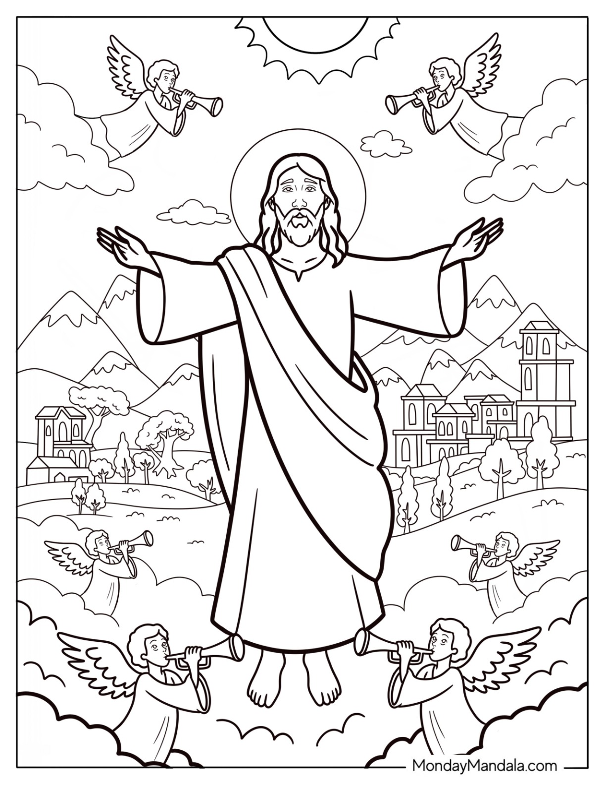 Holy Jesus With Angels Blowing Trumpets On Easter Coloring Page coloring page