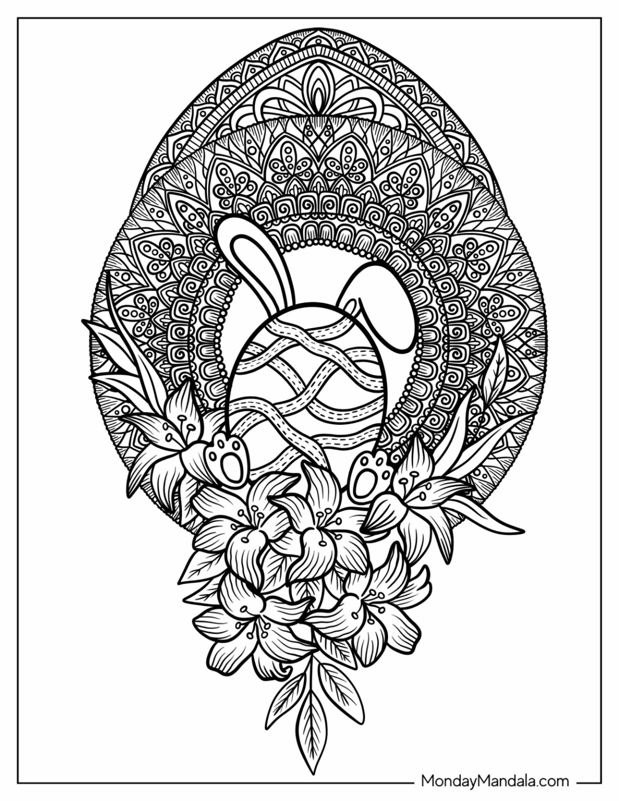 Intricate Easter Coloring Page Mandala with Flowers and Bunny coloring page