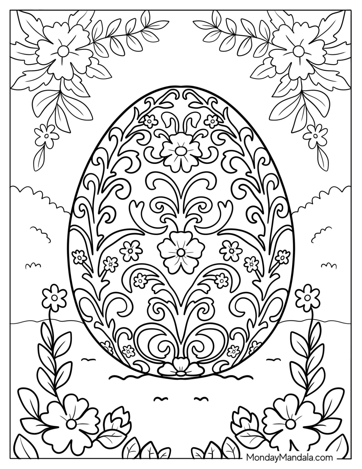 Intricate Flower Mandala On Easter Egg Coloring Page coloring page — printable line art